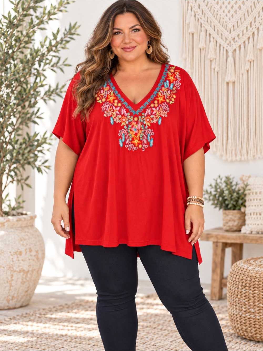 NWT Solitaire Red V-Neck Embroidered Tunic Size 3X